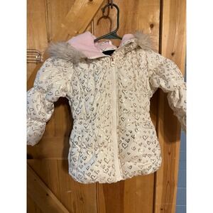 Jessica Simpson Girls Puffer Jacket Cream Gold Hearts Faux Fur Hood Size 4T